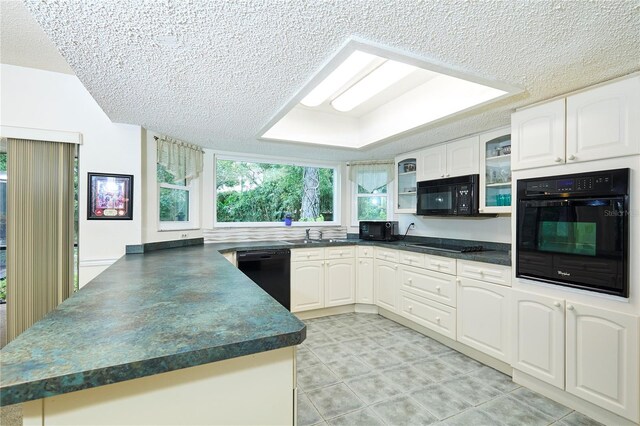 15917 Dover Cliffe Dr, Lutz, FL 33548 - kitchen featuring black appliances, a textured ceiling, a peninsula, dark countertops, and glass insert cabinets