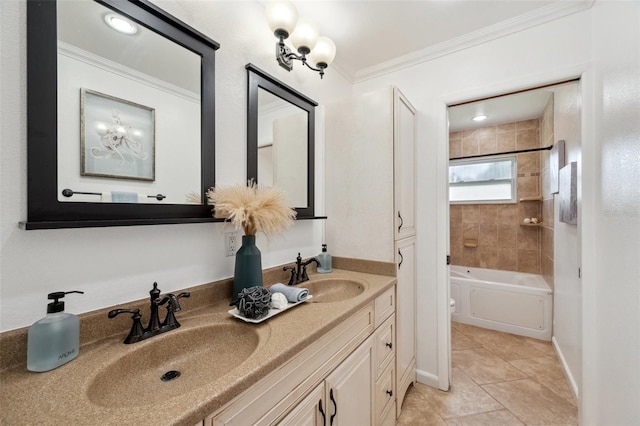 21906 Shamu Dr, Land O Lakes, FL 34639 - bathroom featuring double vanity,  shower combination, crown molding, and tile patterned flooring