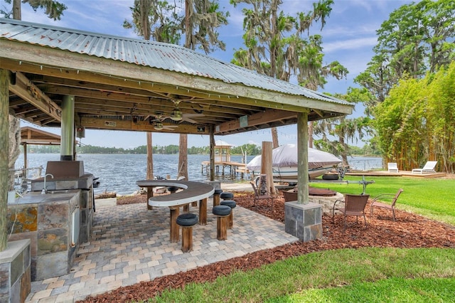 21906 Shamu Dr, Land O Lakes, FL 34639 - view of patio / terrace featuring a water view, a dock, boat lift, and a gazebo
