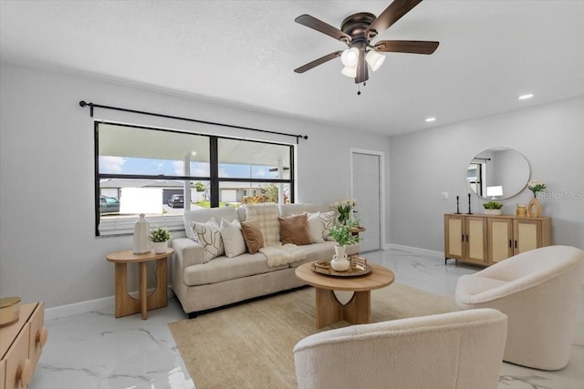 6370 Elmhurst Dr, Pinellas Park, FL 33782 - living room featuring light marble finish floors, ceiling fan, and recessed lighting