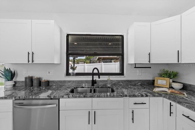 6370 Elmhurst Dr, Pinellas Park, FL 33782 - kitchen with stainless steel dishwasher, white cabinetry, and dark stone countertops