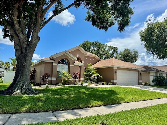 28826 Windover St, Wesley Chapel, FL 33545 - view of front of home with stucco siding, an attached garage, a front yard, and driveway