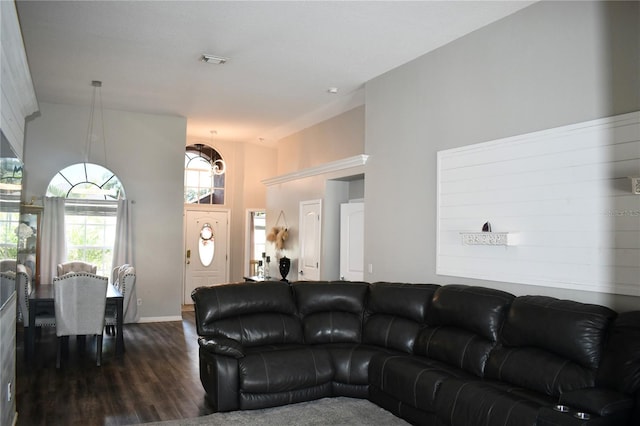 28826 Windover St, Wesley Chapel, FL 33545 - living area featuring dark wood finished floors and lofted ceiling