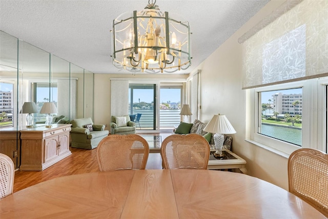 7892 Sailboat Key Blvd S Unit 408, South Pasadena, FL 33707 - dining space featuring light wood-style flooring, plenty of natural light, a chandelier, a textured ceiling, and a water view