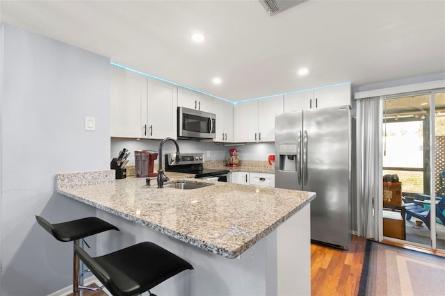 6681 121st Ave Unit I, Largo, FL 33773 - kitchen with stainless steel appliances, a peninsula, light stone counters, recessed lighting, and light wood-style flooring