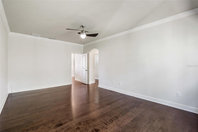 4920 Anniston Cir, Tampa, FL 33647 - unfurnished room with a ceiling fan, dark wood-style flooring, arched walkways, and crown molding