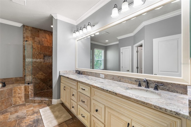 4920 Anniston Cir, Tampa, FL 33647 - bathroom featuring double vanity, a shower stall, stone tile floors, crown molding, and a tub to relax in