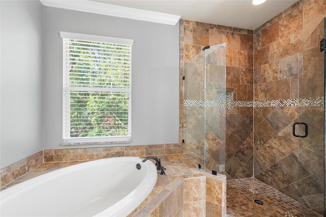 4920 Anniston Cir, Tampa, FL 33647 - full bathroom featuring a bath, a shower stall, healthy amount of natural light, and crown molding