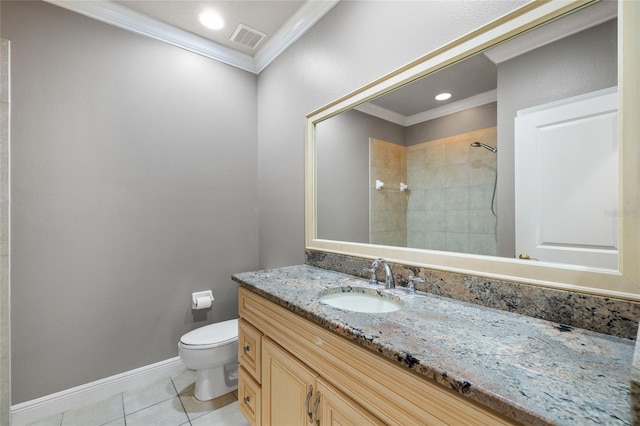4920 Anniston Cir, Tampa, FL 33647 - full bath featuring ornamental molding, tile patterned floors, vanity, a tile shower, and recessed lighting