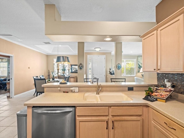 7606 Berna Ln, Land O Lakes, FL 34637 - kitchen with dishwasher, light brown cabinets, light tile patterned floors, light countertops, and ornamental molding