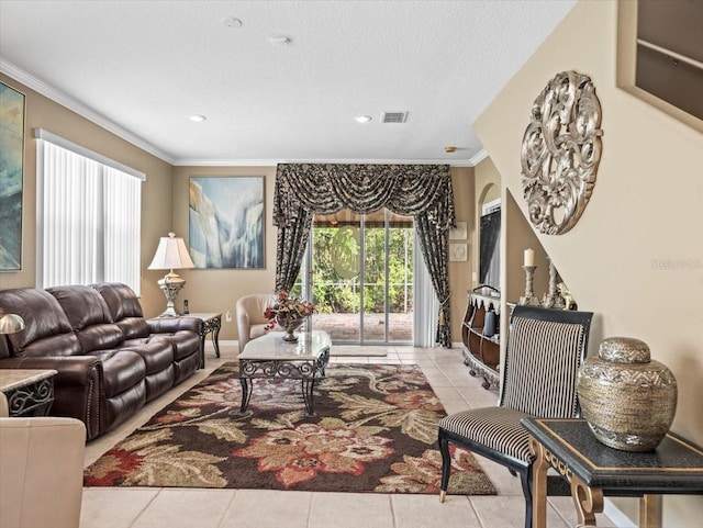7606 Berna Ln, Land O Lakes, FL 34637 - living area with ornamental molding, tile patterned floors, and recessed lighting