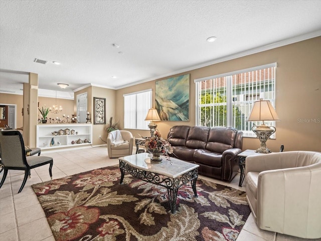 7606 Berna Ln, Land O Lakes, FL 34637 - living area featuring light tile patterned floors, ornamental molding, a chandelier, plenty of natural light, and a textured ceiling