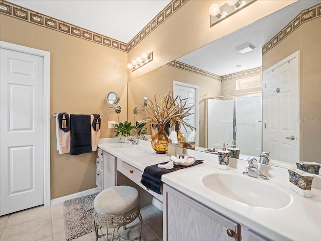7606 Berna Ln, Land O Lakes, FL 34637 - bathroom with double vanity, a shower stall, and tile patterned floors