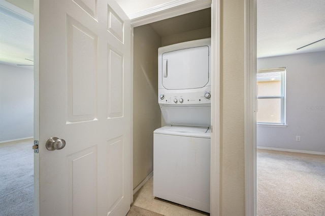 4743 Somerset Hill Ln, Riverview, FL 33578 - washroom with stacked washing machine and dryer and light colored carpet
