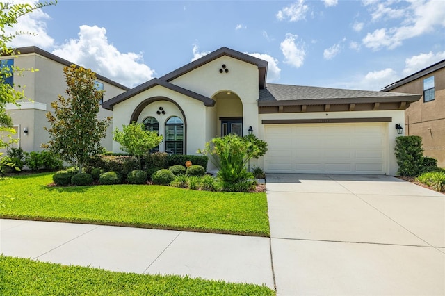 12652 Shetland Walk Dr, Lithia, FL 33547 - view of front of house with an attached garage, a front yard, stucco siding, and concrete driveway