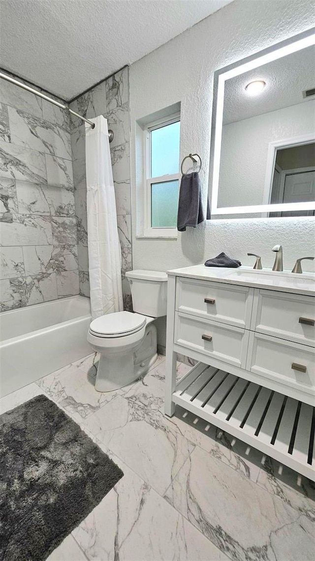 7332 Janczlik Dr, New Port Richey, FL 34652 - bathroom with a textured ceiling, a textured wall, shower / bath combo with shower curtain, vanity, and marble finish floors