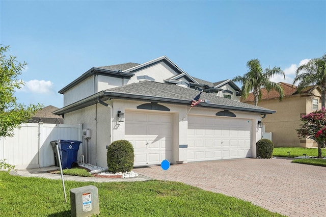1802 Regal Mist Loop, Trinity, FL 34655 - view of side of home featuring a garage, stucco siding, decorative driveway, and a shingled roof