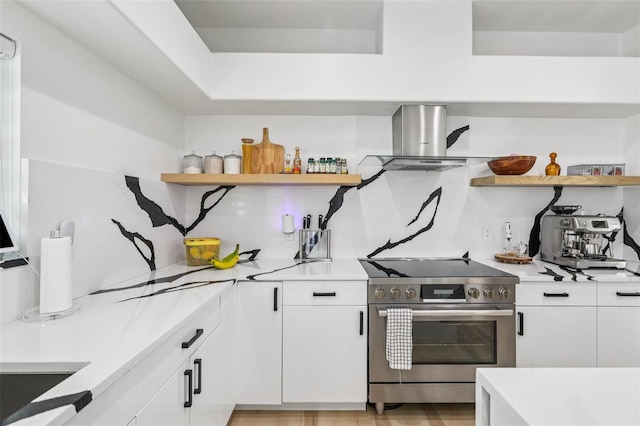 1802 Regal Mist Loop, Trinity, FL 34655 - kitchen featuring open shelves, stainless steel range with electric cooktop, island range hood, and light countertops