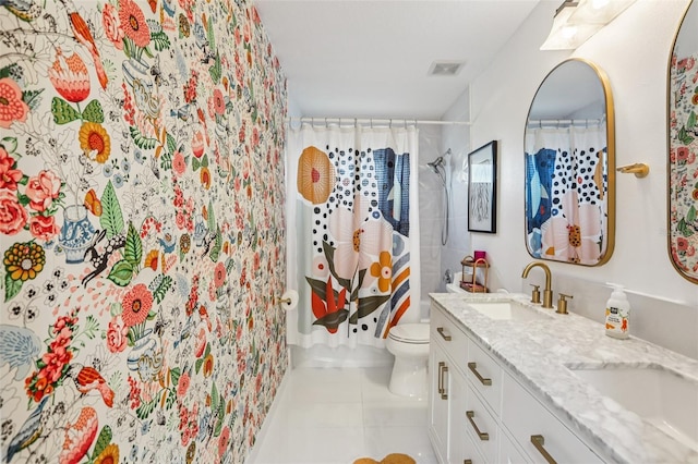 1802 Regal Mist Loop, Trinity, FL 34655 - bathroom featuring tile patterned floors, double vanity, and curtained shower