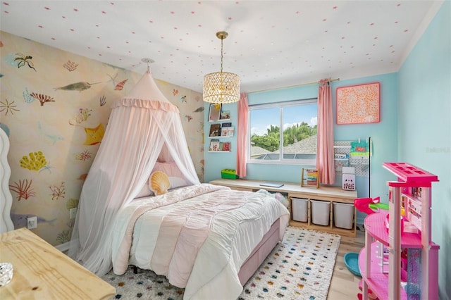 1802 Regal Mist Loop, Trinity, FL 34655 - bedroom featuring light wood-type flooring, wallpapered walls, and a chandelier
