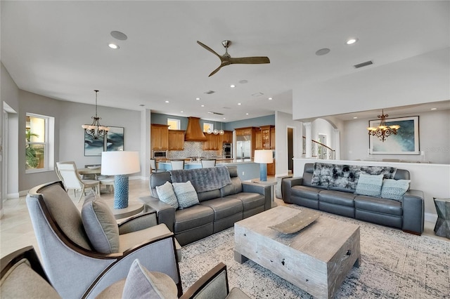 6418 Bright Bay Ct, Apollo Beach, FL 33572 - living room with a chandelier, recessed lighting, ceiling fan, and arched walkways
