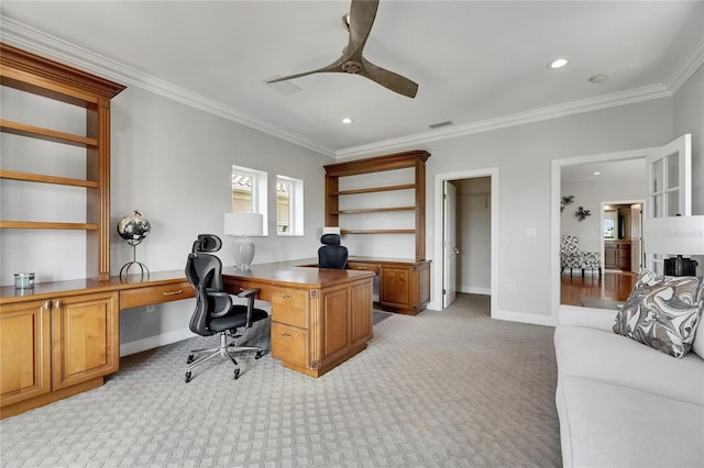 6418 Bright Bay Ct, Apollo Beach, FL 33572 - home office with ceiling fan, ornamental molding, light colored carpet, recessed lighting, and built in study area