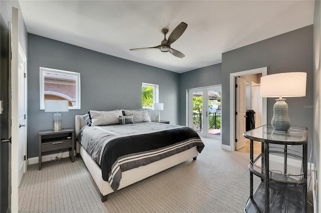6418 Bright Bay Ct, Apollo Beach, FL 33572 - bedroom with access to exterior, light carpet, a ceiling fan, and french doors