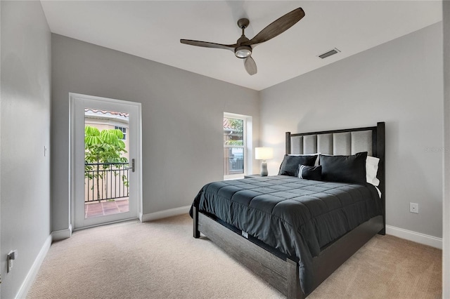 6418 Bright Bay Ct, Apollo Beach, FL 33572 - bedroom with light carpet, access to outside, and ceiling fan