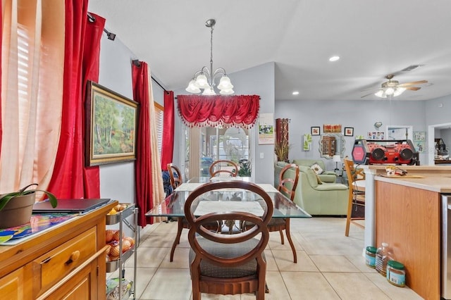 1955 Manatee Ct, Kissimmee, FL 34759 - dining area with ceiling fan, a chandelier, recessed lighting, light tile patterned flooring, and wine cooler