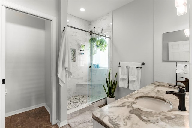 1631 Shady Oaks Dr, Oldsmar, FL 34677 - full bathroom with a marble finish shower, double vanity, and recessed lighting