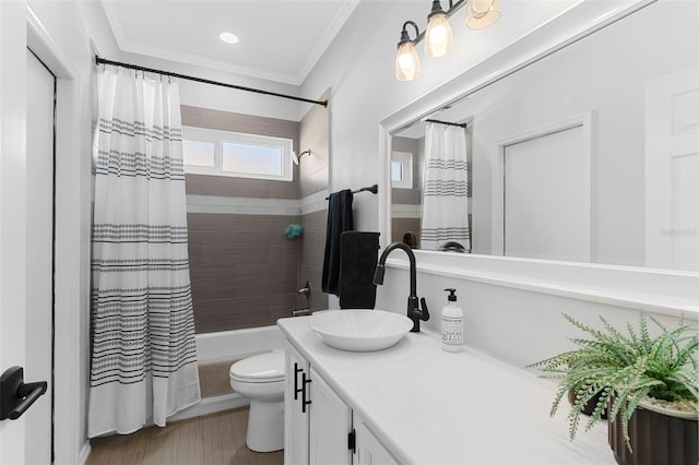 1631 Shady Oaks Dr, Oldsmar, FL 34677 - full bath featuring vanity, shower / bath combo with shower curtain, and ornamental molding