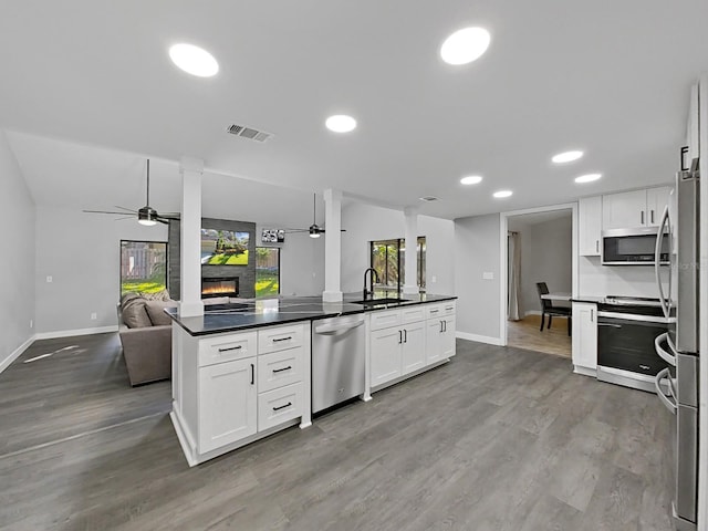 852 Village Way, Palm Harbor, FL 34683 - kitchen featuring stainless steel appliances, a glass covered fireplace, a ceiling fan, open floor plan, and dark countertops