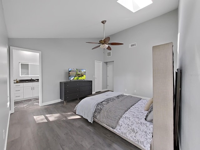 852 Village Way, Palm Harbor, FL 34683 - bedroom featuring wood finished floors, a skylight, high vaulted ceiling, and ensuite bath