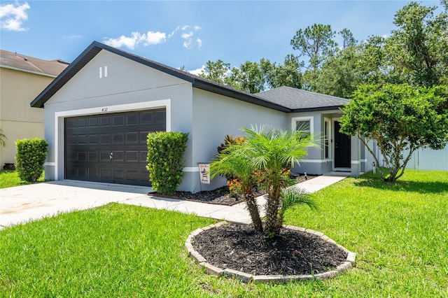 4132 Festival Pointe Blvd, Mulberry, FL 33860 - ranch-style home with an attached garage, a front yard, concrete driveway, and stucco siding