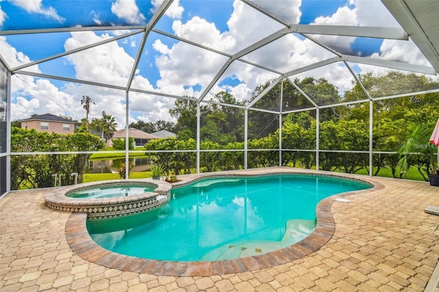 6804 Pleasant Oaks Pl, Riverview, FL 33578 - view of pool featuring a pool with connected hot tub, a patio, and glass enclosure