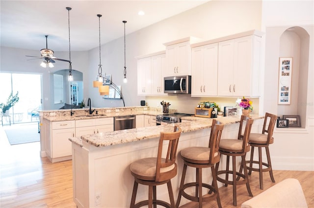 6804 Pleasant Oaks Pl, Riverview, FL 33578 - kitchen with appliances with stainless steel finishes, a peninsula, arched walkways, light wood-style flooring, and light stone countertops