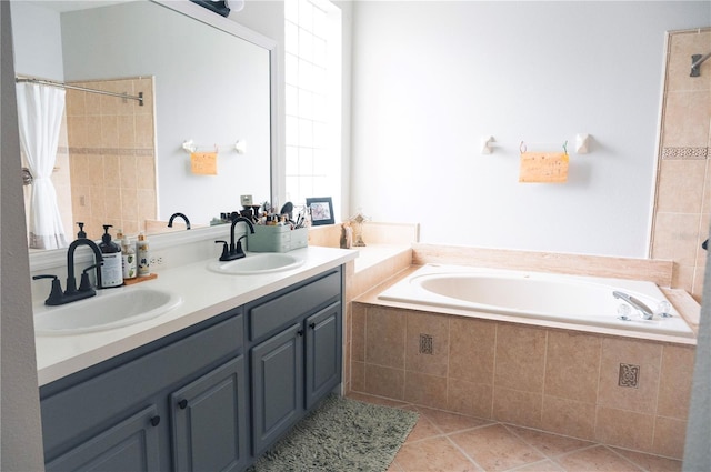 6804 Pleasant Oaks Pl, Riverview, FL 33578 - full bathroom featuring a bath, a tile shower, double vanity, and tile patterned floors