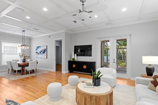 3307 W Knights Ave, Tampa, FL 33611 - living room with coffered ceiling, a chandelier, healthy amount of natural light, light wood-style flooring, and recessed lighting
