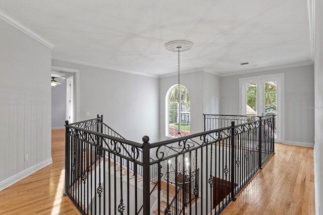 3307 W Knights Ave, Tampa, FL 33611 - hallway featuring an upstairs landing, wood finished floors, plenty of natural light, and ornamental molding
