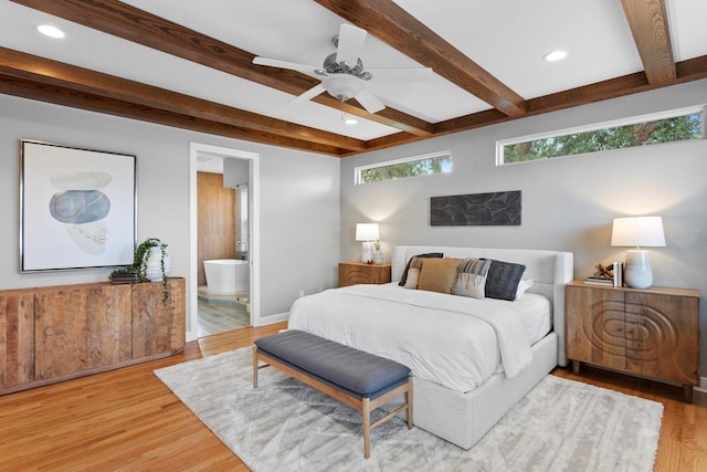 3307 W Knights Ave, Tampa, FL 33611 - bedroom with beam ceiling, light wood finished floors, recessed lighting, ensuite bathroom, and ceiling fan