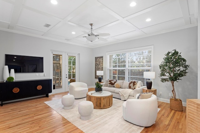 3307 W Knights Ave, Tampa, FL 33611 - living area with coffered ceiling, light wood-style flooring, ceiling fan, recessed lighting, and beam ceiling