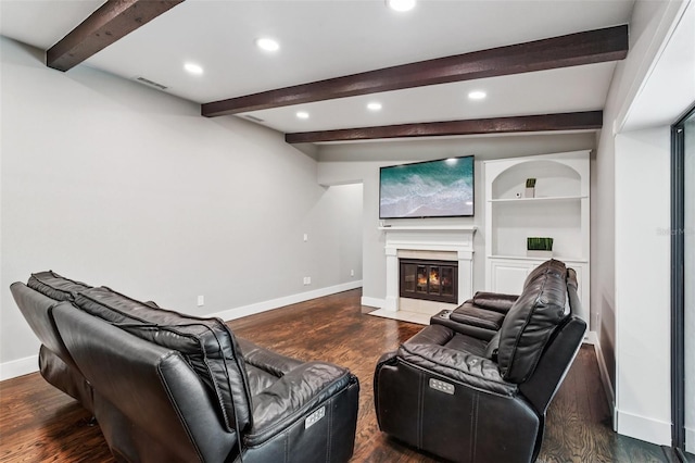 126 Holly Tree Ln, Brandon, FL 33511 - living room with wood finished floors, a fireplace with flush hearth, recessed lighting, and beamed ceiling