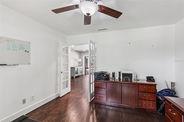 126 Holly Tree Ln, Brandon, FL 33511 - home office with french doors, dark wood finished floors, and a ceiling fan