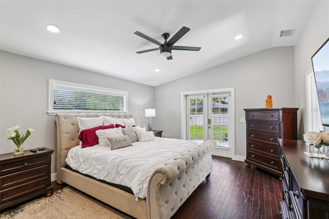 126 Holly Tree Ln, Brandon, FL 33511 - bedroom with access to exterior, lofted ceiling, multiple windows, dark wood-style floors, and recessed lighting