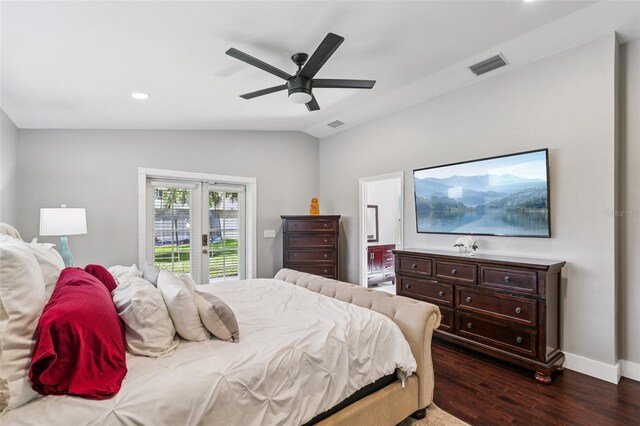 126 Holly Tree Ln, Brandon, FL 33511 - bedroom featuring dark wood-type flooring, access to outside, vaulted ceiling, recessed lighting, and ensuite bathroom