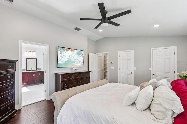 126 Holly Tree Ln, Brandon, FL 33511 - bedroom featuring vaulted ceiling, dark wood finished floors, connected bathroom, recessed lighting, and a ceiling fan