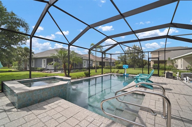 6408 Seasound Dr, Apollo Beach, FL 33572 - view of swimming pool featuring a lawn, a patio area, a pool with connected hot tub, glass enclosure, and a residential view