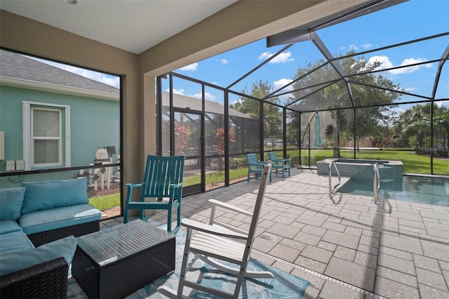 6408 Seasound Dr, Apollo Beach, FL 33572 - view of patio / terrace with an outdoor living space, a lanai, and an outdoor hot tub