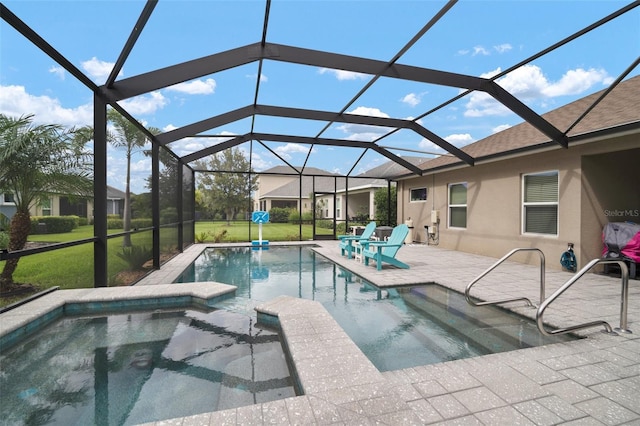 6408 Seasound Dr, Apollo Beach, FL 33572 - swimming pool with a jacuzzi, a patio, a lawn, and glass enclosure