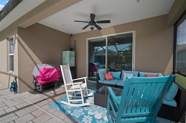 6408 Seasound Dr, Apollo Beach, FL 33572 - view of patio / terrace with a ceiling fan, an outdoor living space, and a grill
